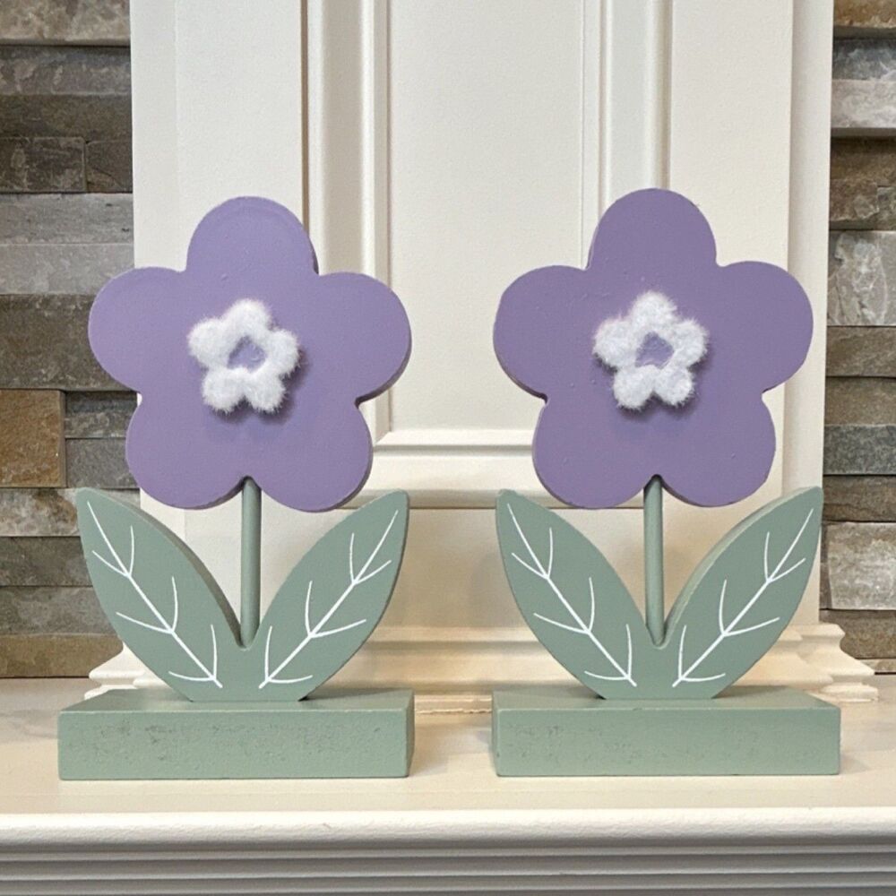 At Home Homespun Easter 7in Flower Decor Set of 2 Purple Green Wood